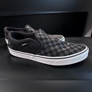 Vans Men's Black and Gray Checkered Slip-On Sneakers